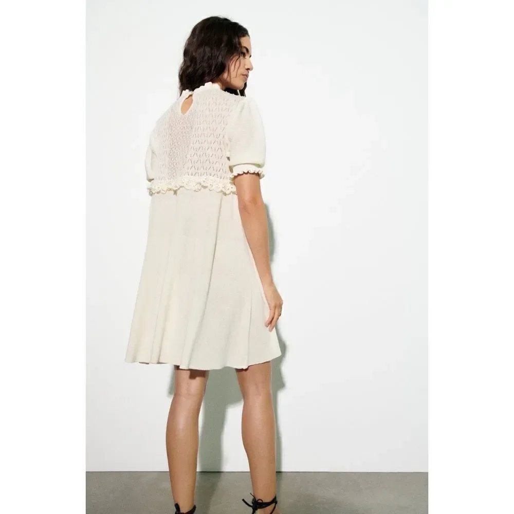 NWT Zara Mixed Pointelle Contrast Lace Detail Knit Mini Dress in Ecru, Medium